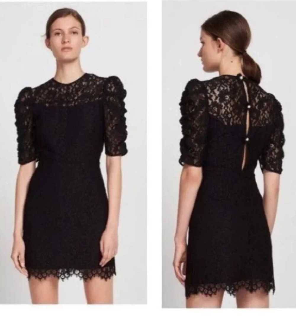 Sandro Chelsea Lace Mini Dress Black Sheath Overlay Short Puff Sleeve 1 S